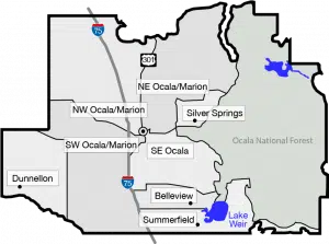 map of Ocala and surrounding cities in Marion County